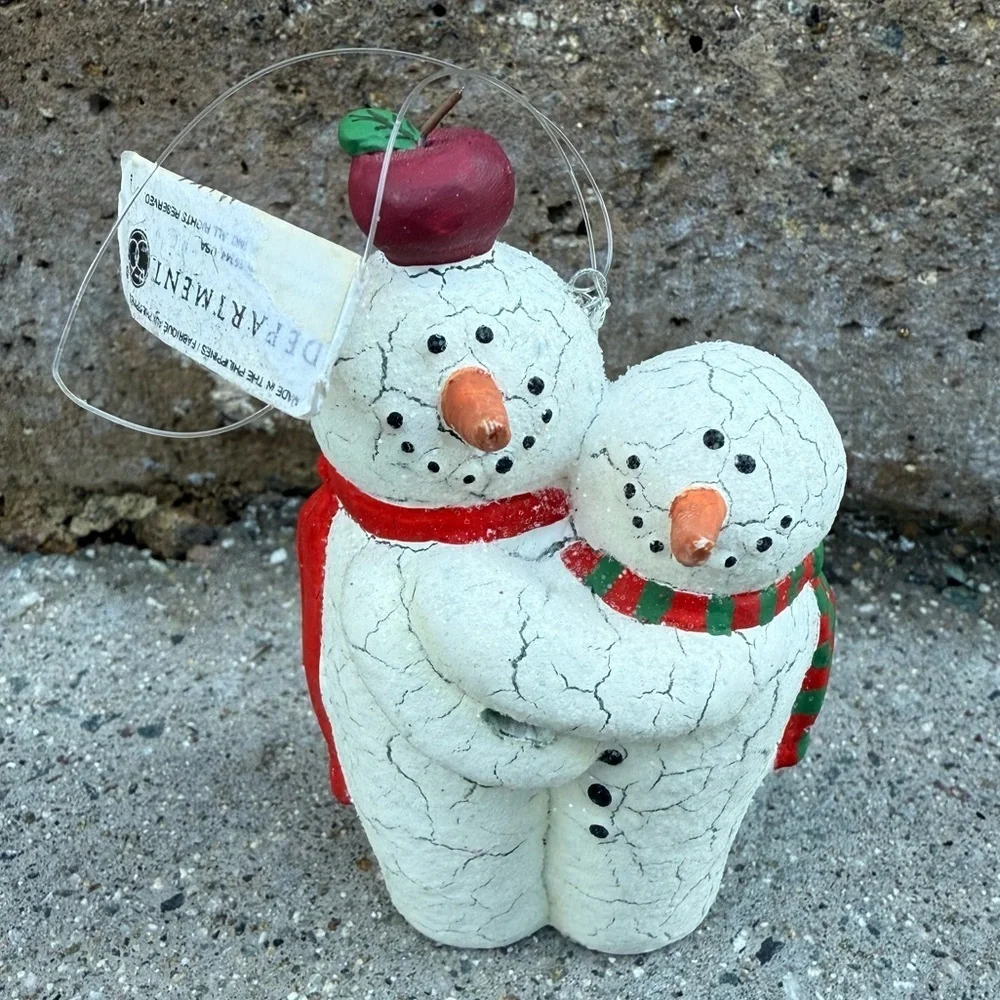 Vintage Dept 56 4” Crackled Glitter Snowman Couple Apple Ornament with tag